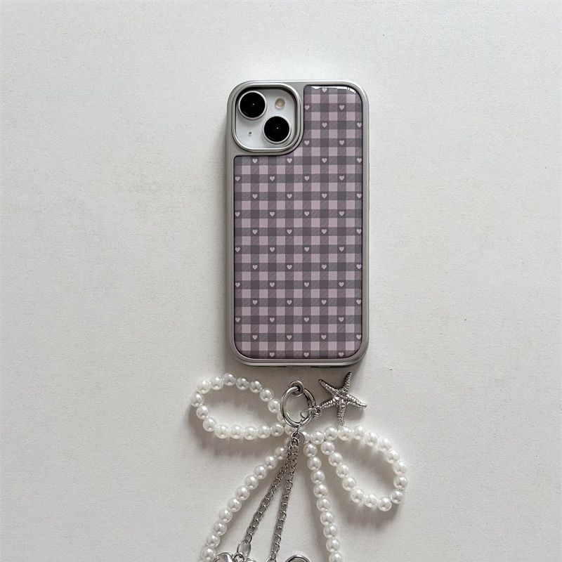 Phone Cases Girls - Pink Purple Heart-Shaped Checkered Korean ins