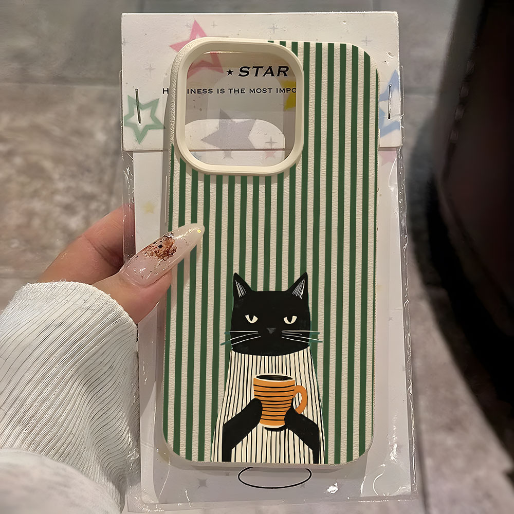 Phone Cases Funny - Funny Coffee Cat Pattern Lychee Phone