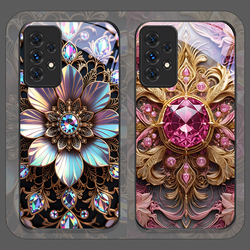 Phone Cases For Samsung A14 - Elegant Gemstone Flower Pattern Tempered Glass
