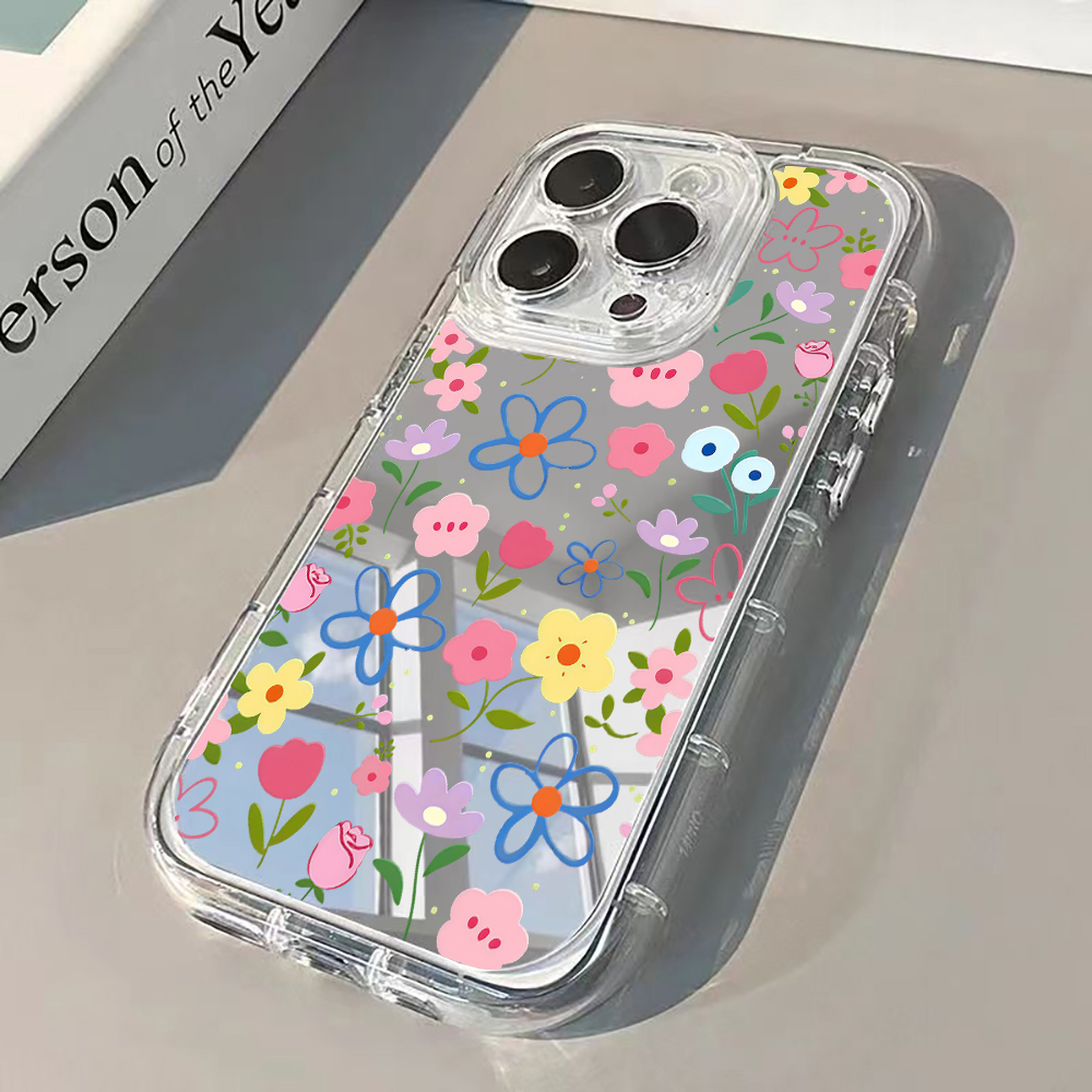 Phone Cases Korea - Korean Ins Style Floral Silver Mirror