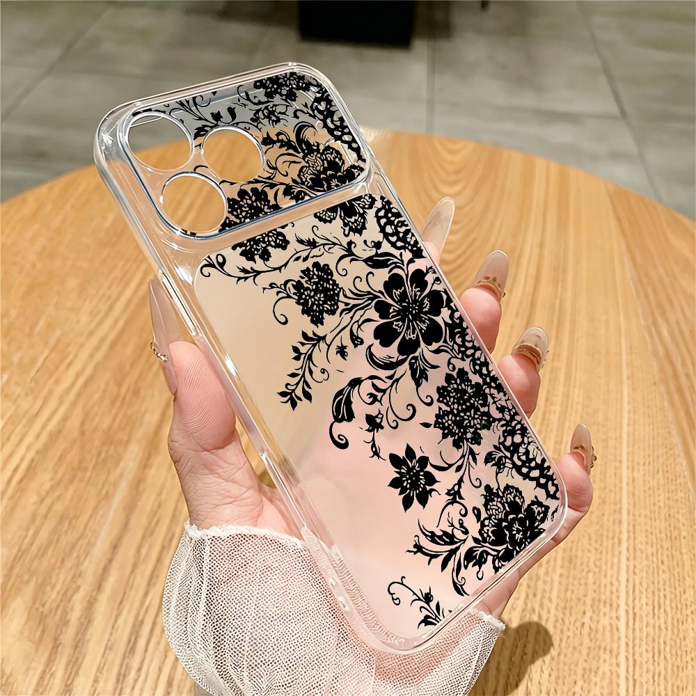 Phone Cases For Samsung A14 - Black patterned transparent phone case suitable